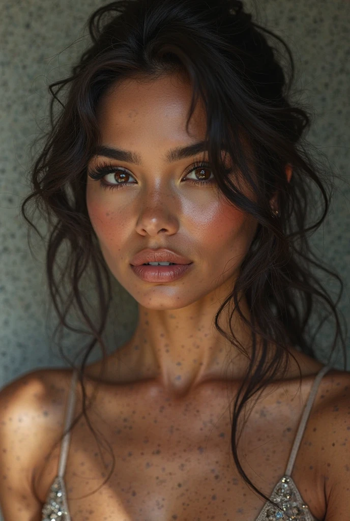 peruvian woman, naked, curly mullet, freckles, close-up, UHD, retina, masterpiece, accurate, anatomically correct, textured skin, super detail, high details, high quality, award winning, best quality, highres