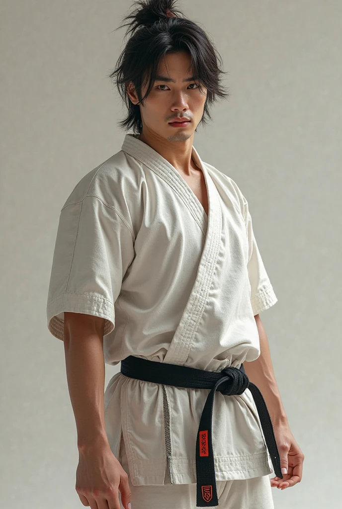 a picture, a handsome, 8k full body portrait of a man, Move ki, disheveled long hair, musculature, Detailed muscular physique, a picture, (masterpiece, top-quality, top-quality, Official art), Photorealistic depiction,20yr old, Toned waist, long limbs, bare-legged, White Karate Uniform, White Hand Belt, White karate pants, Accurate depiction of details, Perfect skeleton, Look straight at your audience, sharp gaze