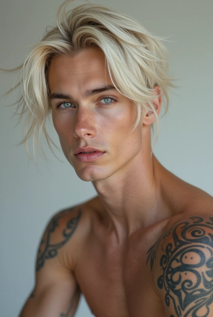 ((full body shot)), portrait of a handsome muscular (young) man lying on a bed on against a background of dense greenery in the background, without clothes, in the ear is a stud earring with a diamond,  (tattoo) on the (perfect shape chest), detailed perfect sculpted bulging abs , slender athletic figure, stunning face, (expressive and deep [symmetrical eyes]), {blonde|dark}  faux hawk haircuts , a half-open smiling mouth with (plump lips), funny bright {blue|green} eyes , slender athletic figure, stunning face, (natural pose:1.5) , (detailed beautiful skin:1.5) , (beautiful detailed face:1.2) ,  photorealistic, colors, DSLR, 8k, DNA magazine, Photographer (Joan Crisol)