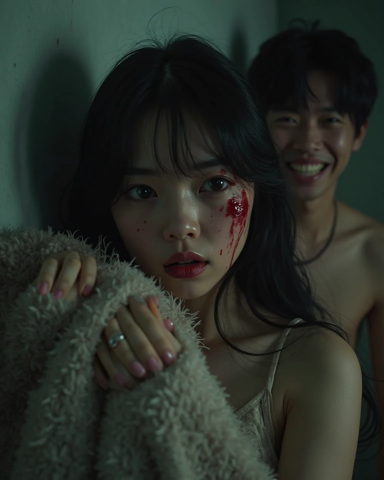 Korean, very cute beautiful young woman, stabbed a boy in the neck with a knife and made blood spurt profusely