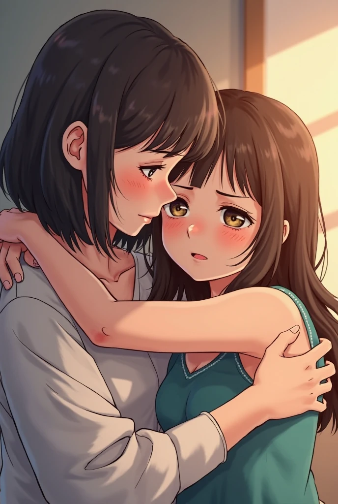 Mother and young daughter kissing passionately in public.