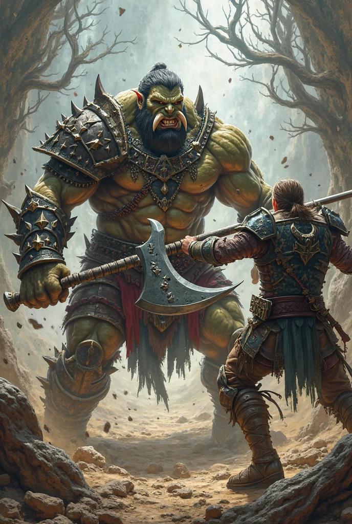 depict a duel betweenan orc and a goblin outside the city walls, Steel met steel—a dance of rage and survival. One, sinewy and cunning, darted like a shadow. The other, a hulking brute, swung an axe that cleaved air. Blood sprayed, curses echoed. Then, a twist—a vial shattered, venom seeping into skin. They fell, gasping, the forest bearing witness to their primal struggle.