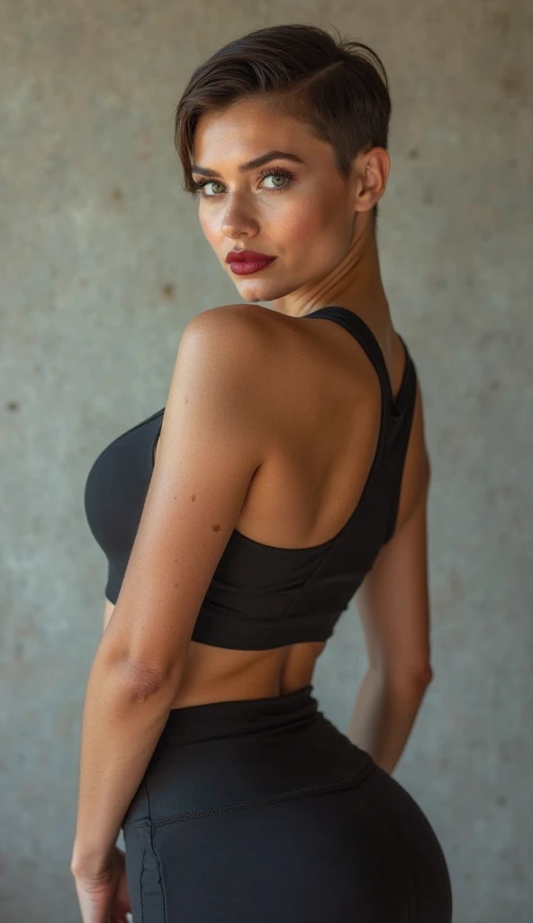 Gorgeous european woman with very short hair, hair in a ponytail with a fringe, wet hair, hair slicked back, combed straight back, slick hair, streaked blonde hair, seductive pose, sabrina carpenter, dressed in a tennis outfit short skirt, cleavage, solid dark grey background