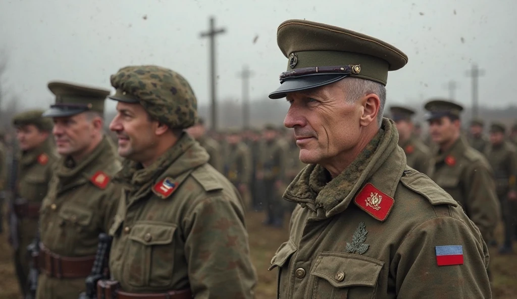 Old military officer, happy and jolly, eating fancy French food in a mess hall.