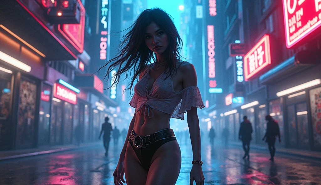 (hyper realistic, photorealistic, 8k, intricate details), establishing shot of a beautiful American woman, with long neon blue blond red hair, Transparent lingerie, beautiful breasts, seductive cleavage, beautiful azure color eyes, Transparent lingerie, walking seductively and smiling in a naughty and horny way. Transparent lingerie Through a futuristic neon city