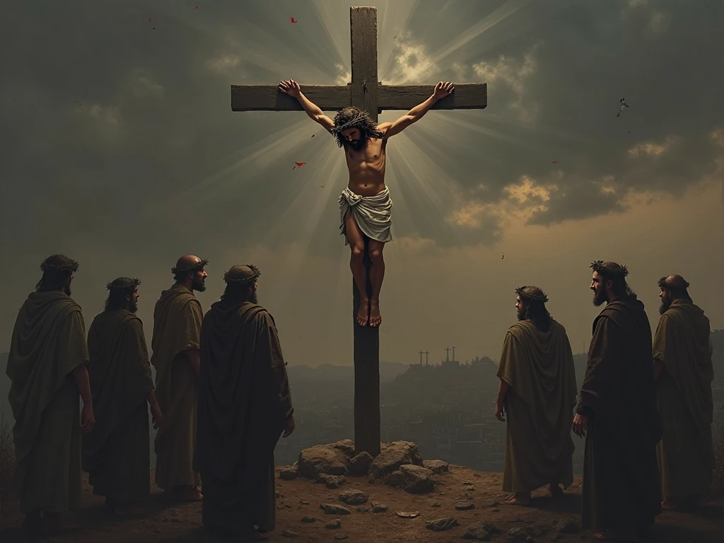 Create a powerful and dramatic scene of Jesus Christ crucified on Golgotha mountain. The central figure, Jesus, is on the middle cross, his head bowed with a crown of thorns, and a sorrowful expression on his face. Two other men are crucified on either side of him, each showing different expressions of pain and suffering. The sky is dark and ominous, with heavy clouds casting deep shadows over the rocky, barren landscape of Golgotha. In the background, a faint, ethereal light breaks through the clouds, suggesting a sense of divinity and hope amidst the somber atmosphere. The overall tone of the image should be solemn and reverent, capturing the gravity of the moment.