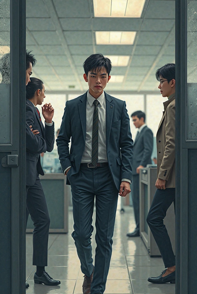 Creative white workers, Japan men in their 30s, friendly, team, young, in suits, workplace scene, 1 room --auto