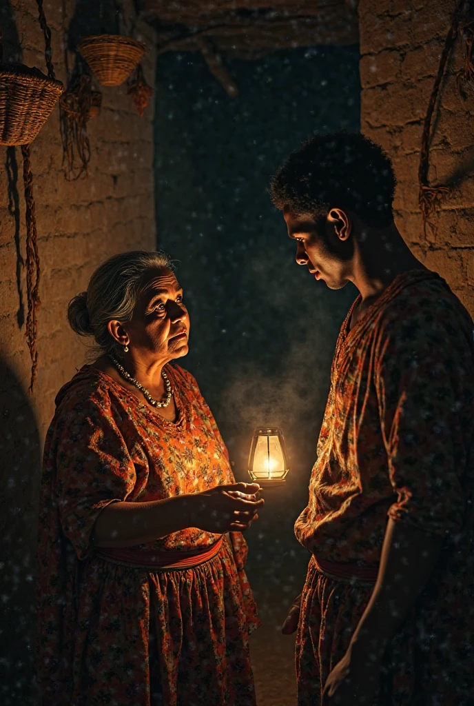 Introduction to the LegendA night scene, the sound of crickets echoing softly. The camera moves slowly through a peaceful, moonlit backyard. A soft voice narrates the legend of Velho do Saco, as the camera focuses on an old photograph of a grandmother and her grandson, conveying a feeling of comfort and innocence.