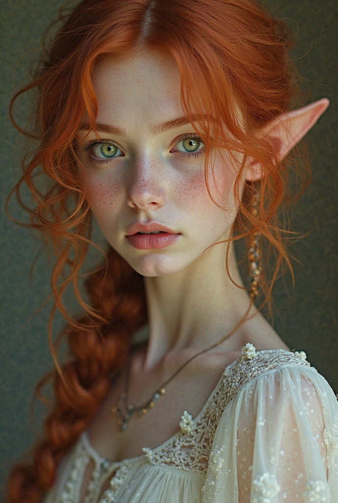 Masterpiece, Aesthetic artwork, Elf girl, elven features, high cheek bones, thin face, full lips, thin nose, realistic elf, aristocratic features, Ginger hair, red hair, shoulder length hair, wavy ginger hair, Pointed elf ears, elf ears, Big eyes, round eyes, realistic eyes, crystal blue eyes, bright blue eyes, body, runner’s body, thin, pale skin, imperfect skin, some small freckles, goosebumps, innocent, textured skin, skin pores (1.1), moles (0.8), A-cup, small breasts, chest, Long legs, small feet, Standing in a busy street, fantasy city, fantasy city street, medieval aesthetic, gloomy city, dark city, crowded street, merchants in background, pedestrians in background, Dressed in rags, dressed in a burlap sack, fully dressed, visible arms and legs, Extremely detailed (8k wallpaper), high quality, film grain, Fujifilm XT3 sharp focus, f 5.6, 50mm, High Detail, Sharp focus, (outdoor light), crazy details, complex details, hyperdetailed, strong lighting with shadows, hard and soft shadows