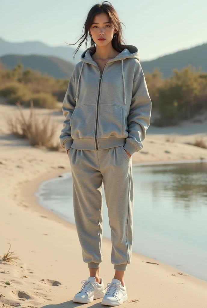 with black headscarf, barefoot,  Woman in black tracksuit undresses completely on the beach