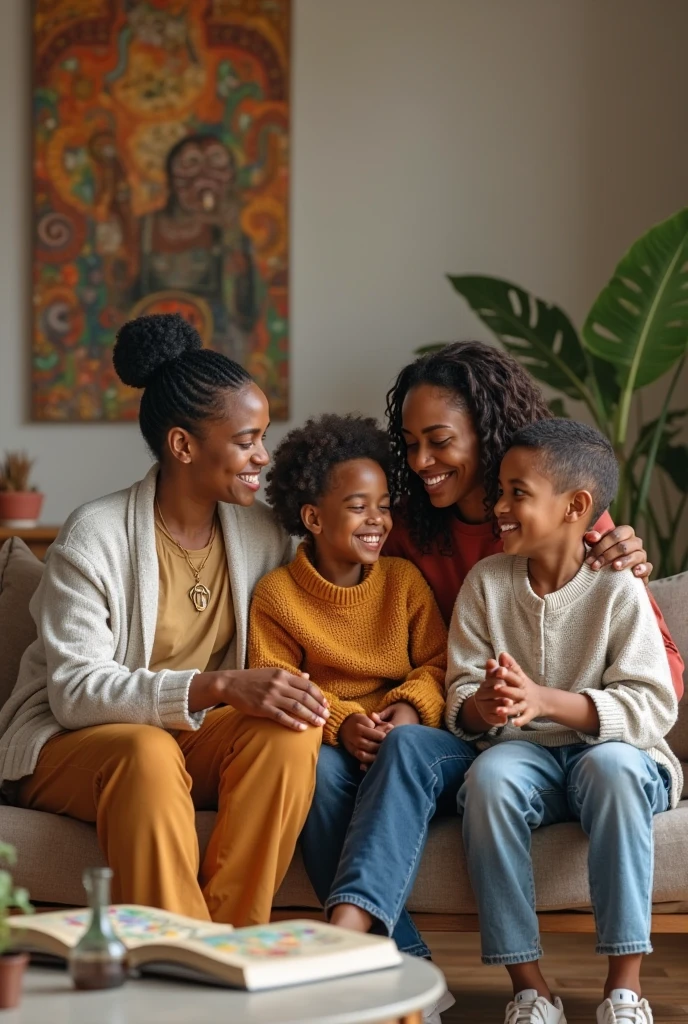(photorealistic), a woman with (curly brown hair), serene expression, praying, sitting with two children, a boy and a girl, all wearing (black pants) and (vibrant orange t-shirts), cozy beige sofa, warm lighting creating a comforting ambiance, peaceful atmosphere, subtle details of a home setting, (HD), high-quality, emotional connection, family moment, connection to spirituality.