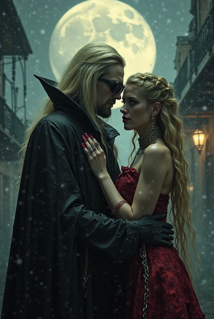 dark fantasy, dramatic lighting, full body shot, wide angle,dynamic angle, deep shadows, a female vampire and her thrall, extremely detailed skin, perfect blond wavy hair, (A female vampire and her thrall, she is using her paranormal powers to shift blood in the atmosphere, making the blood translocate around the environment), (the female vampire is trying to reach her thrall's neck with her hand, making a paranormal blood transfusion between them, shifting blood from the thrall to the vampire), hemokinesis, (there are lots of blood strings floating around the environment), she is wearing a very intricate biological exoskeleton, (the female vampire's lower body is vanishing, becoming black mist), the scene unfolds in a dungeon dimly illuminated by a red glow, red energy lines, pale blue and olive hues, mystical energy, moody atmosphere, cinematic composition, Yoshitaka Amano style