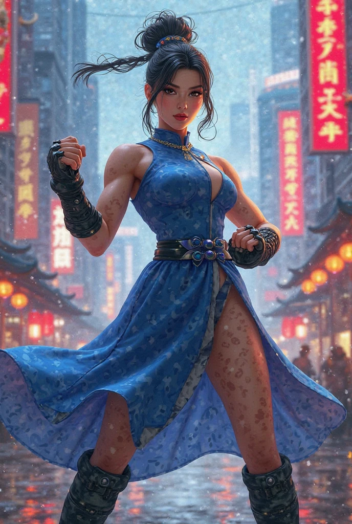 1 cute yuna, sexy chun li outfit, is in a fighting stance ready to face zombies and other terrible monsters, halloween night, view from low angle focused on her butt, (best quality,4k,8k,highres,masterpiece:1.2),ultra-detailed,(realistic,photorealistic,photo-realistic:1.37),HDR,UHD,studio lighting,ultra-fine painting,sharp focus,physically-based rendering,extreme detail description,professional,vivid colors,bokeh,dark fantasy,horror,action,battle,cinematic,dramatic lighting