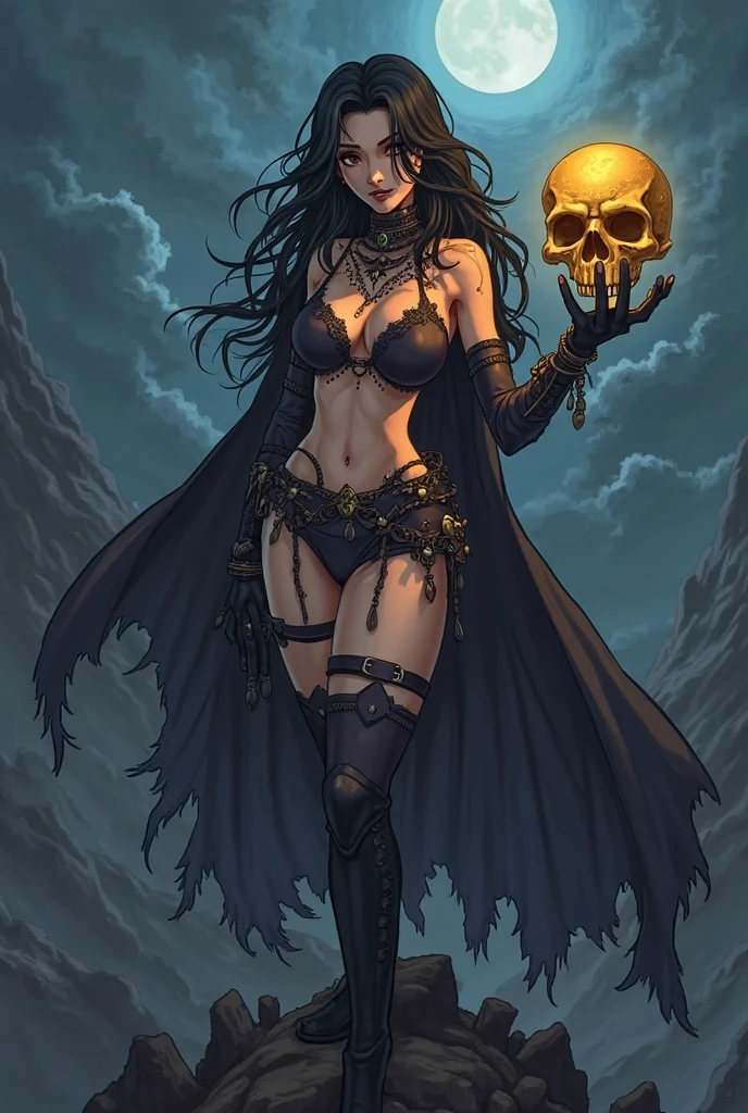 ((best quality)), ((masterpiece)), (detailed), realistic eyes, black hair, black leather outfit, armor, evil landscape, alluring female witch, BREAK ethereal beauty, sitting on a dead tree, (fantasy illustration:1.3), enchanting gaze, captivating pose, solo girl, otherworldly charm, mystical sky, BREAK (Luis Royo:1.2), (Yoshitaka Amano:1.1), moonlit night, soft colors, (detailed cloudscape:1.3), (high-resolution:1.2), (bats flying in the sky in the background),bat, thong, BREAK legs dangling above lava, evil goddess, realistic, realism, , glowing torches, long leges, skinny , perfect exposed boobs, tattoos, sultry look, seductive