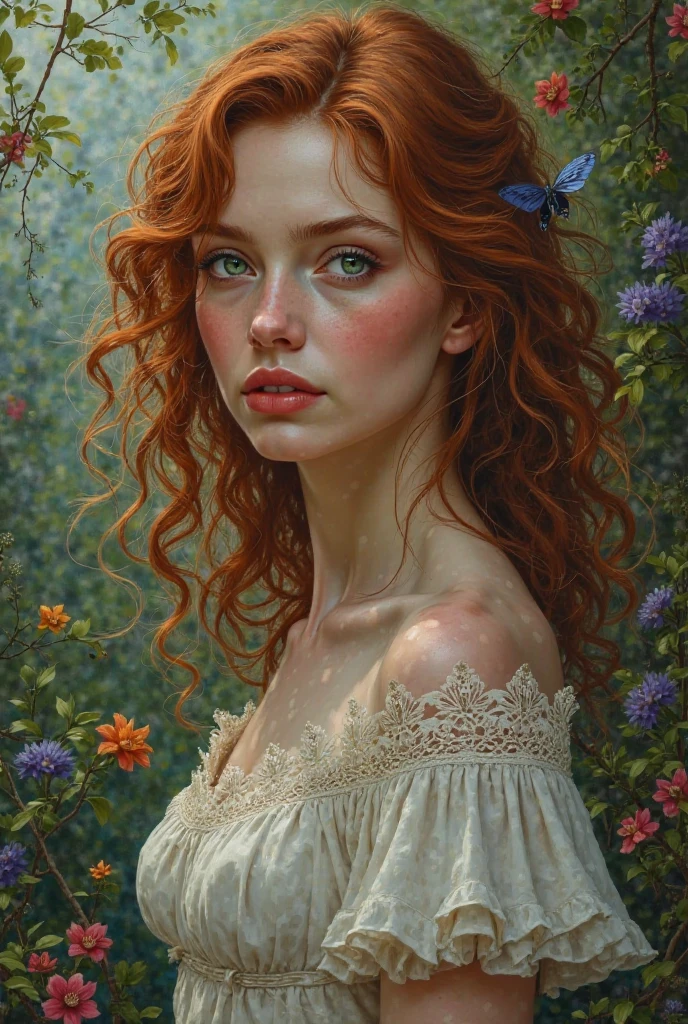 painting of a pale skin muscular 18 year old redhead girl with huge breasts in a classical setting, featuring intricate details in her delicate facial features, graceful posture, and soft flowing hair, surrounded by lush greenery and soft dappled light, in the style of William-Adolphe Bouguereau, capturing the essence of beauty and realism