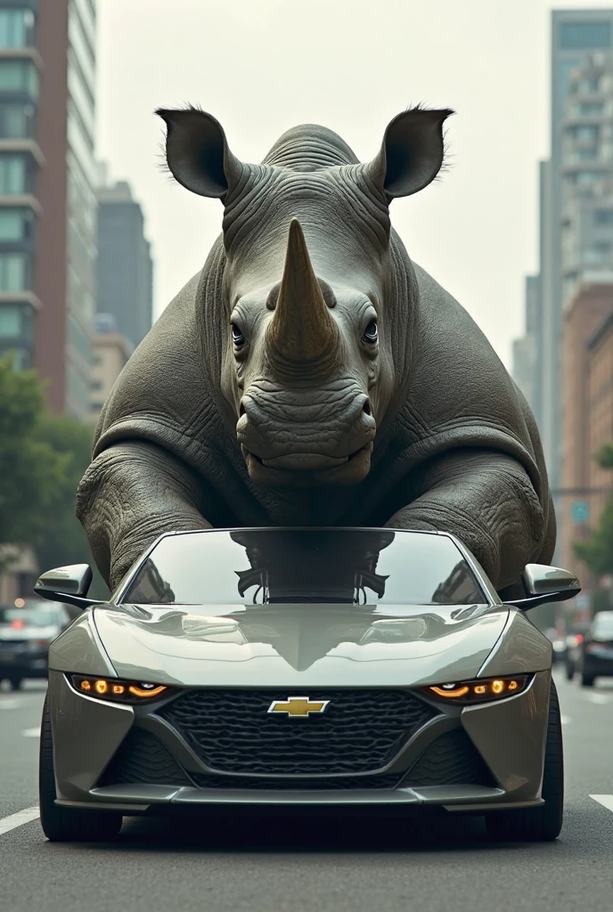 A rhinoceros driving a car without a seatbelt 