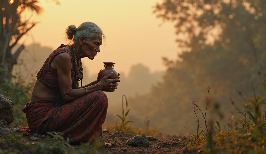 A poor Indian old woman with lathi in one hand near river under tree
