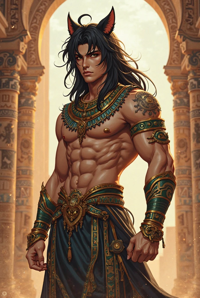 Painting of A strong and masculine young man ((man)), ((a most beautiful caboclo in the world)), 18 years old, indigenous, ((full body)), ((strong body, muscular legs)), ((headdress indigenous man with white feathers on his head)), long black hair, braided over his shoulders, ((green panther eyes, magnetic)), ((square face and sunken chin)), ((strong warrior expression)), (( hypnotic beauty)), sexy and hot, indigenous body paintings, body and beauty of a God, half-naked ((wearing wild animal skin)), ((in the background a sacred temple in the middle of a forest on a moonlit night full )), ((baroque painting style)), ((with panthers and jaguars))