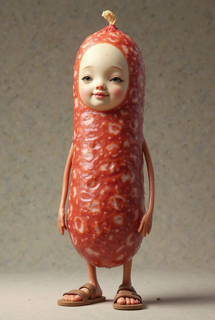 strange sausage with a round bald head, standing on the dining table behind a beautiful woman (Thai Canada), wearing a transparent apron, holding a strange cucumber