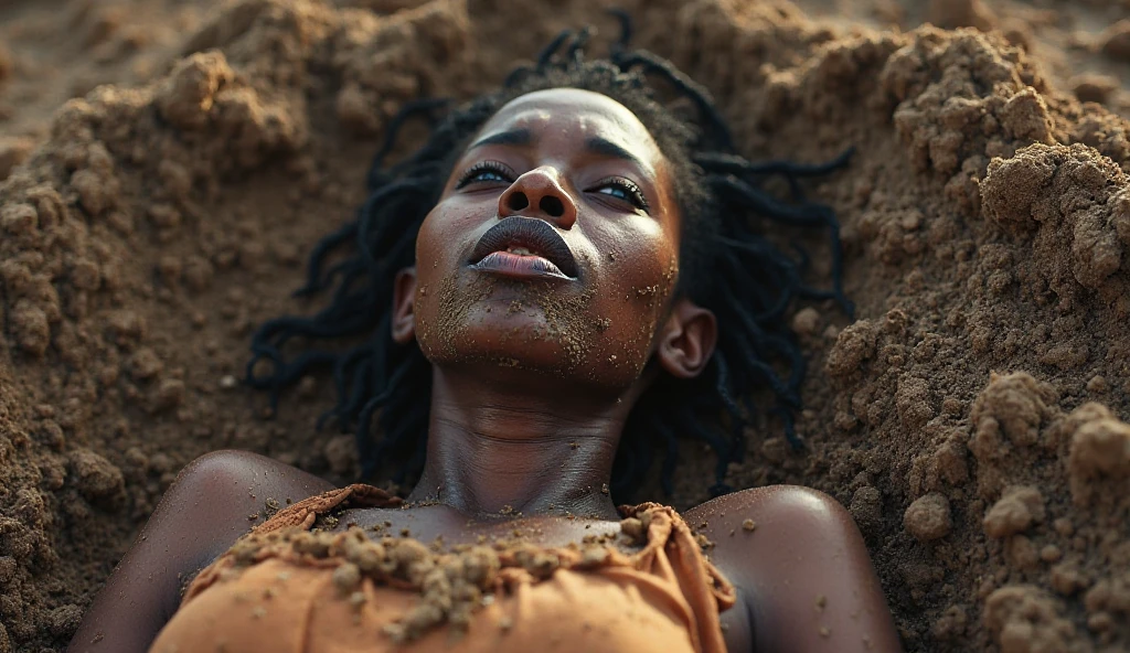 A body of a dead African woman, dark skin, partly fermented body, melting, merging into the mud, wild flowers, full of detail and texture. It's awful and beautiful at the same time.