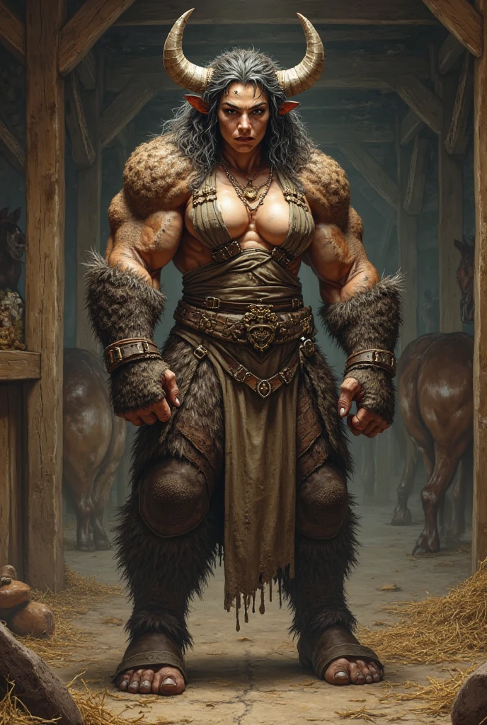 uploaded to e621.net, masterpiece, 8k, hyena woman, matriarch, female, beige fur, spots, gray hair, buff, muscular, barbarian queen, (leather clothing:1.3), wooden throne, wooden keep, primitive room, stone room, seated, casual posture, buff, muscular, massive, bodybuilder, (huge breasts), nipple outline, covered breasts, crowded, supplicants, worshipers, by darkgem,