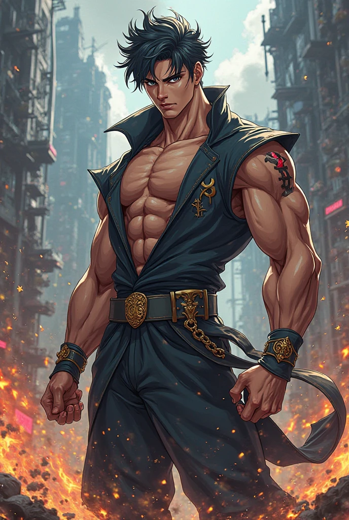 Dicas: foto de corpo inteiro, design de personagem do jogo, Bruce Lee jogos mortais, bruce lee,Walking towards the camera, open and closed hands, smoke billowing, olhos detalhados, roupa, personagem Hokuto Shinken, Kenjiro, Bruce lee's dog, luz lateral superior, rua do Brasil deserta (distant view, profundidade de campo borrada), elevation perspective - AR 10:16 - Expression of style.