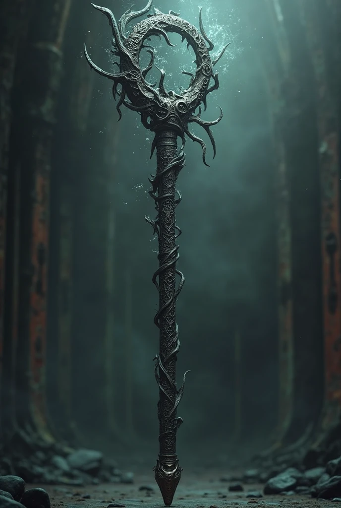 Long magic wand with 7 snake heads on each side in blue and black background. The image is on top of a pile of human skulls.