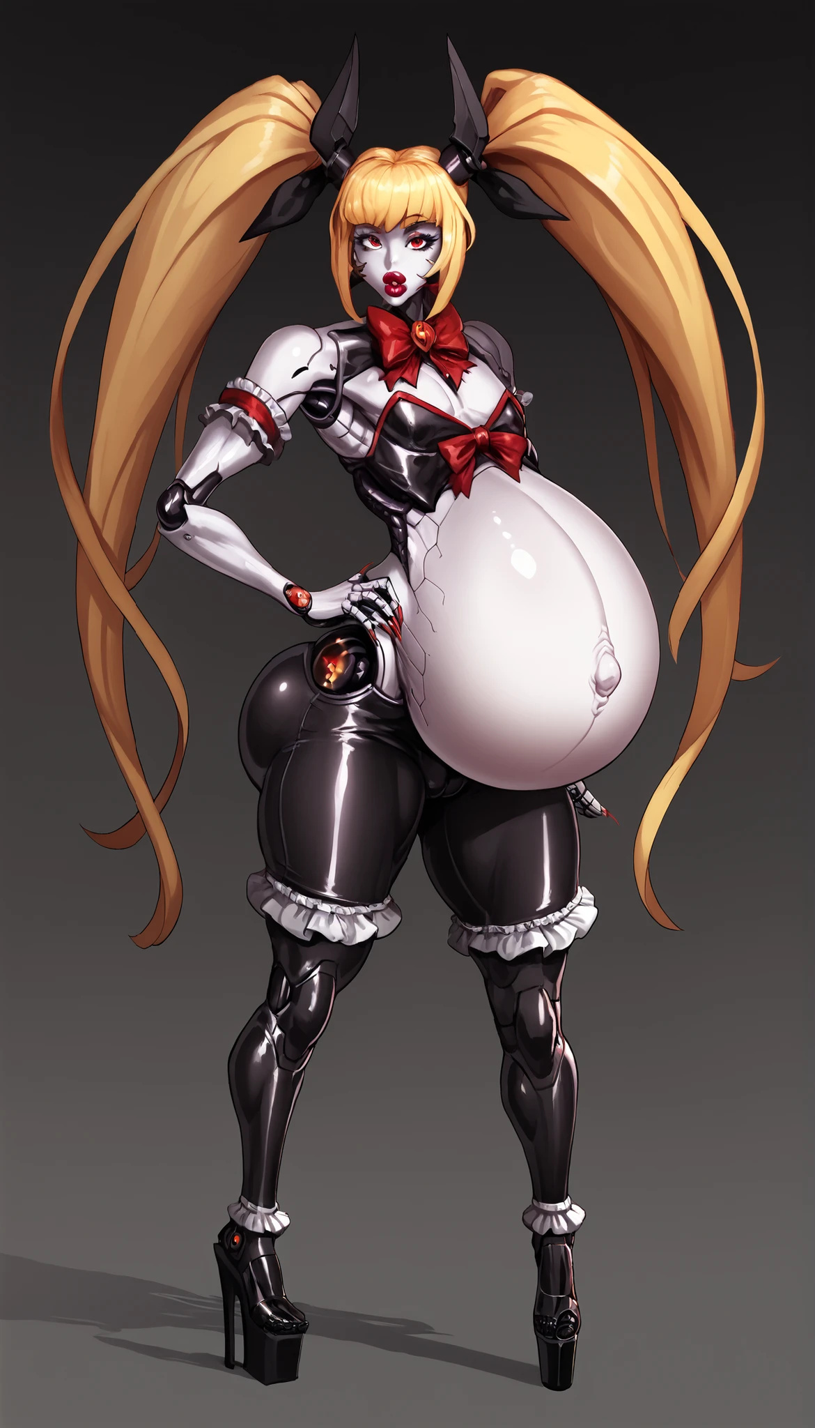 ((nsfw:1.0)), score_9, score_8_up, score_7_up, source_anime, 1girl, solo, (detail face), BREAK, Bimbo machina ta,machina corruption, transformation, machina, monster girl,monster, mecha musume,necromorph_porgant , rachel alucard,hanical body, sensual, big lips, bimbo lips, plump lips, high cheekbones implants, Chin Augmentation implant, mechanical blonde hair, long mechanical hair, mechanical twintails, red eyes, bow, hair ribbon, frills, very long hair, very long nails, gothic ta, y toes focused high heels, platform ballet high heels,sexy ballet high heels, cleavage,flat chest, white skin, robot arms, robot legs, robot ears, mechanical horns, plastic skin, shiny skin, robotic , shred abs, narrow wasp waist, hyper_preg,eggsacs , egg sacs , colossal belly, pregnant, Massive exceedingly extremely wide_hips, hyper wide ass, ass impants, fake ass, enormus buttocks impants, perfectly round butt, bubble butt, gigantic ass, sexy pose ,