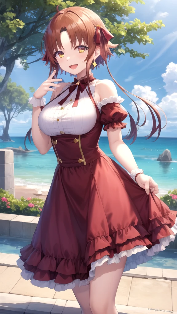 Make an image of a beautiful and pretty woman holding a pink flower, make her look beautiful and pretty and hot, make her chest a bit big, give a good view of the landscape as well, she's wearing a tight shirt and a short skirt, her background landscape is beautiful
