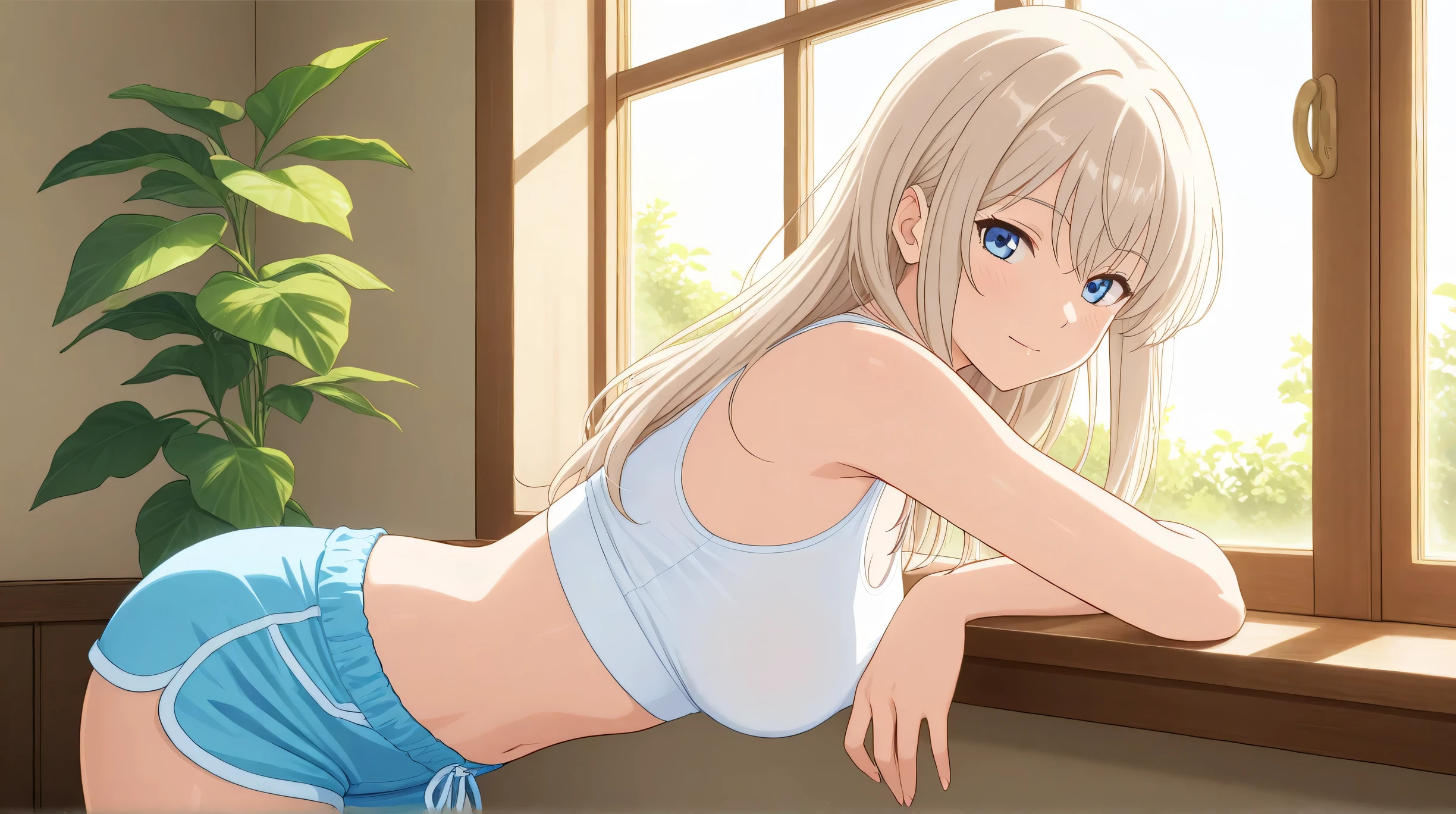 Masterpiece, Best Quality, Top Quality, Very Detailed, 1 girl, A beautiful anime-style girl with long, platinum blonde hair and striking blue eyes, posing in a soft and cozy indoor setting. She wears a tight white crop top and blue shorts, with sunlight streaming through the window, casting a warm glow on her smooth skin. The background is filled with lush green plants, enhancing the peaceful and dreamy atmosphere. Her expression is soft and inviting, with a slight hint of curiosity. The art style is highly detailed and semi-realistic, emphasizing the textures of the fabric, skin, and hair, with perfect lighting balance creating a mesmerizing scene.