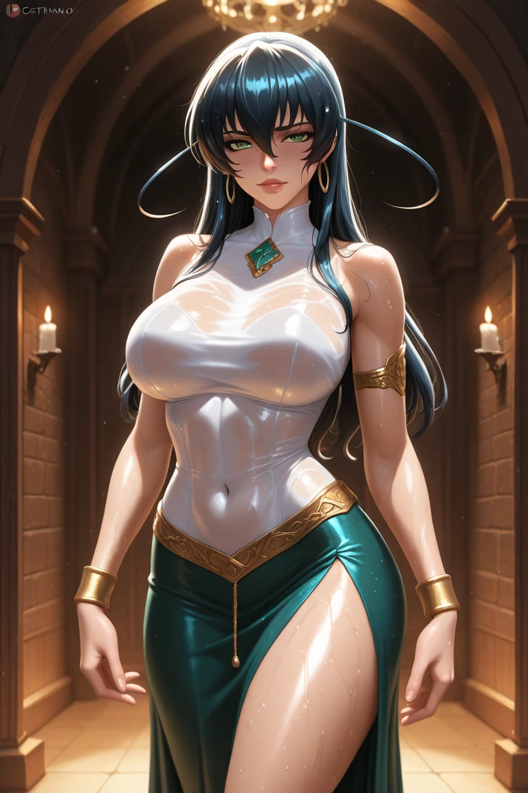 1girl, solo, leaning on white marble wall, sexy face, sexy, cute face, bangs, long hair, look away, shy, nose blush, concept art, freckles, lay light on the wall, passionate, medium breast, fit body, long waist, (thigh gap), wide shoulder, short hair, white hair, hair over one eye, open blue coat, brown gloves, black pants, earrings, seductive, enchanting, (biting lip), erotic