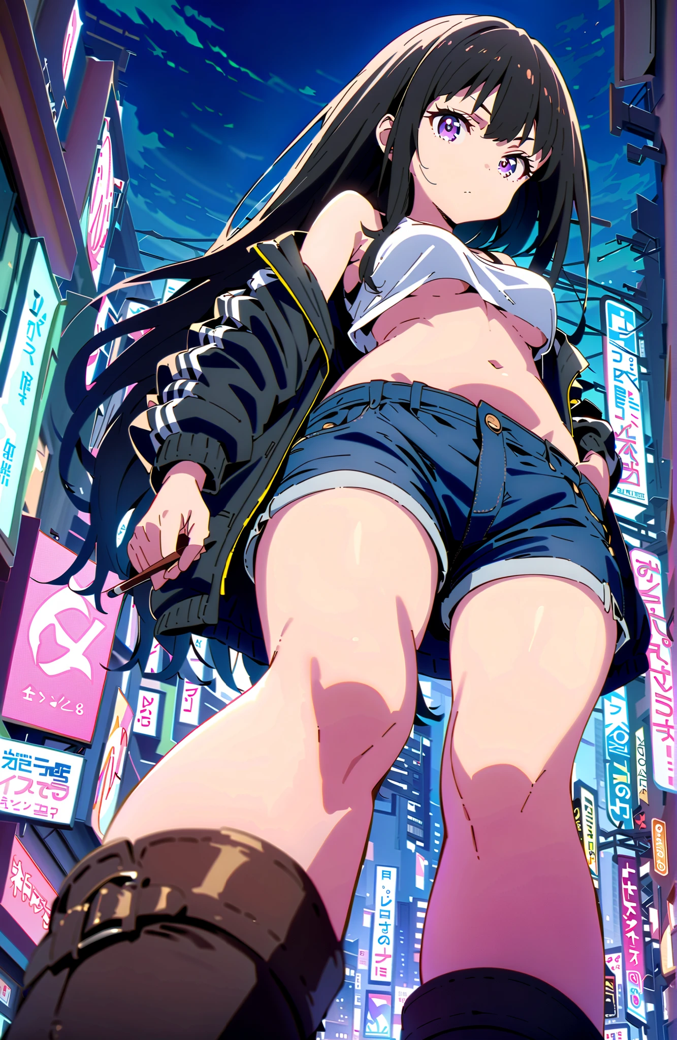 score_9, score_8_up, score_7_up, source_anime,Takiuchikami, check it out, solo,long hair, bungs, black hair with a young pattern, purple eyes,Medium breast,close your mouth,riders jacket jacket,tank top for feet,Underboob,belly button stick,denim micro shorts,Bare legs,boots,I have my hands in my jacket pockets,Nōn,night,standing,angles from below,full bodyがillustrationsに入るように,break outdoors,City,
break looking at viewer,full body,
break (masterpiece:1.2), Best Quality, high resolution, Unity 8k 壁紙, (illustrations:0.8), (beautiful detailed eyes:1.6), very detailed face, so that it fits into the illustration, Extremely Detailed CG, (perfect hand, perfect anatomy),