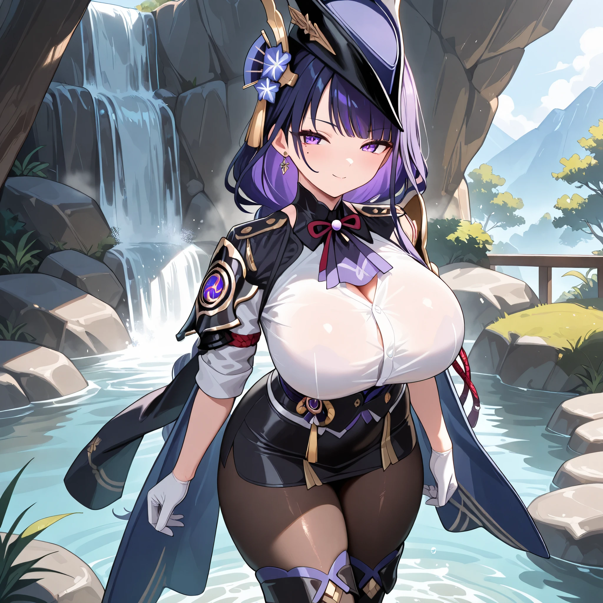 masterpiece, best quality, ultra-detailed, glistening shiny, glowing light, ray tracing, HDR, deph of field, (perfect face, detailed face, detailed eyes,perfect hands),(medium boobs:1.2),8k,HD,ultra realistic face,ray tracing,perfect lighting,best quality, ultra-detailed, shiny eyes, (looking at viewer), ((1girl)), cowboy shot, pov,
furina,long hair,((gradient hair)),multicolored eyes, gradient eyes, (glowing eyes:1.5), mascara, (fashion make up), parted lips,blush,shirt, gloves, long sleeves, hat,jewelry,jacket, white shirt, flower,shorts, black gloves,ascot, thigh strap, blue jacket, brooch, gem, blue headwear, blue flower, white shorts, hat flower, blue rose, tilted headwear, blue gemstone, blue ascot
((middle of japanese countryside,japanese bridge,over the bridge,river,cherry trees,cherry petals,dark blue sky,Koi on river)),(complex background, many elements in the background:1.2),((super detailed background)), mistress poses, ((8k wallpaper)), ((big belly, massive belly, giant belly)), shocked, open mouth, (hands behind head:1.4), (solo:1.5)