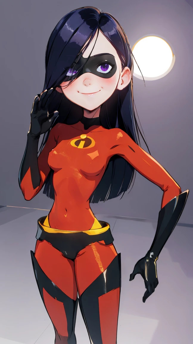 (full body),masterpiece, highest quality, One girl, Violet Par, mask, Long Hair, Black Hair, Hair on one eye, (Hero Suit),Bodysuits,Thick thighs,Place one hand on hip,View your viewers, smile, Simple Background