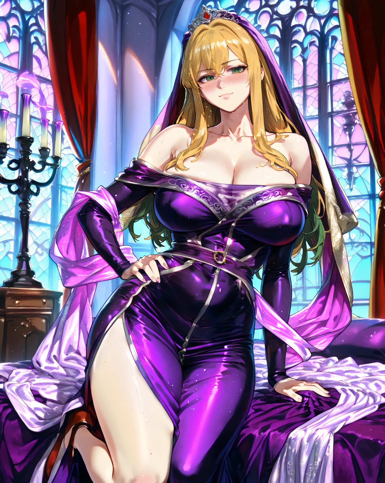 Sylvanas Windrunner - World of Warcraft, sexy and hot blonde elf girl, big tits, grey skin, thick legs, big ass, purple sexy lingerie, purple stockings, purple choker