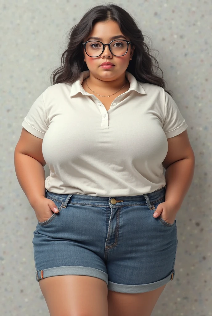 body photo, beautiful detailed, cute face, short, Guanajuato teen, medium black hair, black hair over one eye, long sleeve plain T-shirt, long pants, pearshaped voluptuous fat wide hips, solo,
