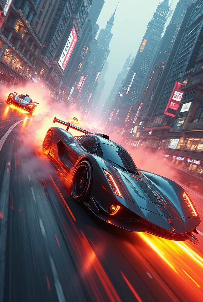 High-speed race cars with dynamic motion effects, flames, or speed lines to emphasize action.
