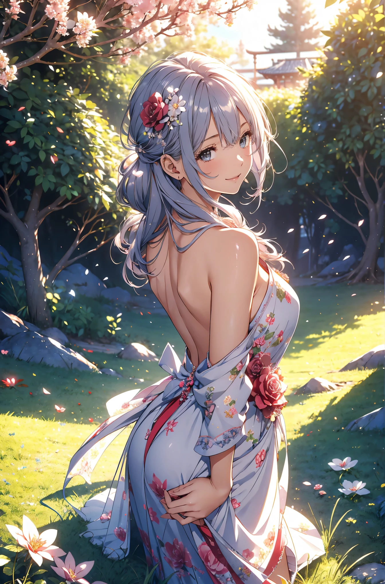 best quality sexy back shot❣️エロティシズム!mystical 、( Bold Composition ) 1girl cute smile!smile! gentle gaze , beautiful 、Beautiful skin with a chest circumference of 130 、sexy、 Beautiful chest skin !BEAUTIFUL THIGS、beautiful legs ‼️ slender model figure、 music Healing simple lawn composition fantasy world、western fantasy style flower、 beautiful 大理石の祠 Green grass Beautiful Rose Hedge flower pot Many kinds of flowers Mr..々flower butterfly々 cherry blossoms、cherry blossoms舞い散る、
Keep it simple beautiful brilliance 、long silver blue hair、The strongest beautiful decorative flower sexy white dress、 calm atmosphere 、昼 petals、 open 、 Beautiful young body 、 big 胸 、beautiful skin, 、beautiful brilliance, high definition depiction , Realistic Fantasy Romanticism ,, ultimate beauty moving!high resolution,
