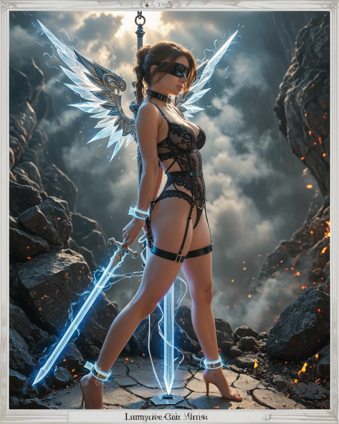 (Highly realistic image), Fantasy scene, Centerpiece, masterpiece, Ultra detailed, High quality, 4k, complex, expert, Center, (volumetric lighting), beautiful, dark masterpiece, (ultra detailed landscape), (sharp landscape), (sharp image), (dark scene), (dark atmosphere). Ultra-detailed Eurasian girl, 21 years old, angel, Fallen angel, Black angel, (2 majestic wings:1.5), (2 folded big wings:1.5), Black feather, (blue eyes:1.3), (long straight blond hair:1.3), (beautiful Big breasts), showing great cleavage, darkness, (charming smile:1.3), (2 black horns:1.3), Evil creature, fire, (red blood moon:1.5), (blue fire, blue flames in the land:1.5), (red lightning in the sky:1.5), (thunderstorm), (waterfalls:1.5), (skull:1.3), Black thorn hair ornament, (red dress:1.5), (short slit bodycon red dress:1.5), (Black Crown Her demon wings on her back and demon horn give her an invincible aura), (standing in waterfalls in the destroyed land). (????? body). (View viewer), (high angle), (cowboy shot), (upper half of the body:1.3), (sensual dynamic pose:1.3), (perfect slim body), (perfect ???????), (perfect hand), Nice legs and hot body, more detail, realistic, Masterpiece