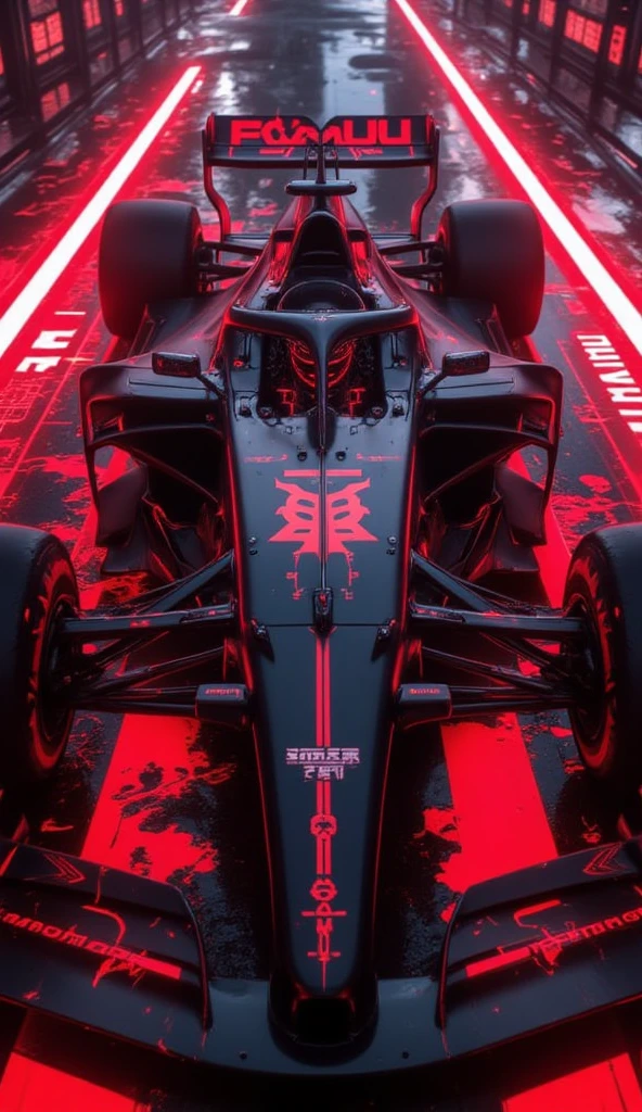 Formula 1 Stealth: a unic, intrincate, detalied, realistic Stealth design with aerodynamic lines and matte black surfaces, dark chrome body with pulsating red neon accents, intense red neon trails, minimalist cockpit with holographic interface, urban race track with contrasting neon lights."
Focus: Stealth design, holographic interface, urban environment, cinematic action