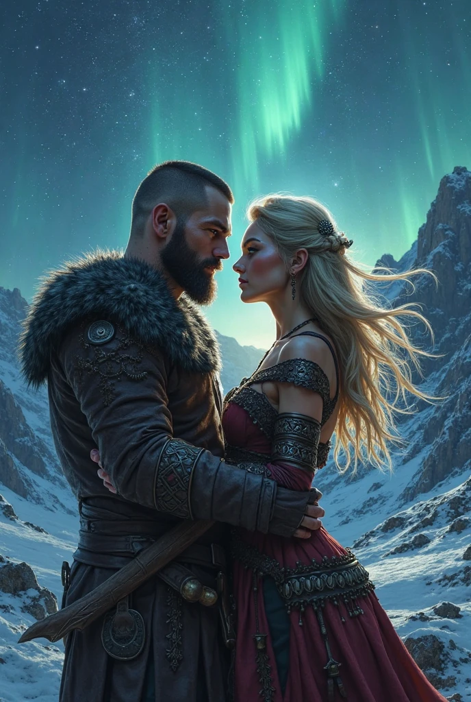 masterpiece, a Viking warrior and a shield maiden, Under the Northern Lights’ shimmering dance, Bjorn and Freya found solace in stolen moments, their hearts racing as their fingertips brushed. Their love bloomed amidst the harsh landscape, a love as fierce as the storms that raged over the sea.