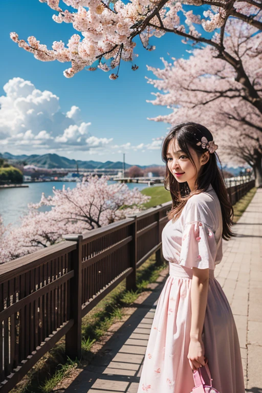 cinematic light, (1girl:1.3), adult, spring blossoms. from behind, looking at camera, petals in the air, windy day. bokeh, depth of field, detailed background, flowering, spring, vibrant, volumetric shadow