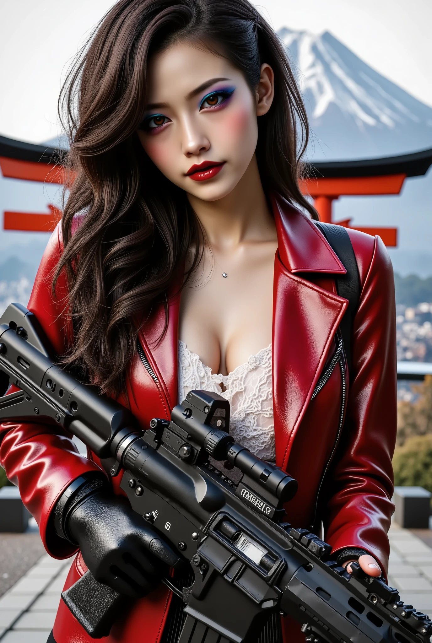  [Style: - "8k, masterpiece, realistic, Photorealistic realism, Hyper high resolution" - "highest quality, intricate ultra-detailed digital art"] (Key Directive: - "The priority is the anatomical accuracy and texture of the materials" - "Ultra-sharp human eyes with biological accuracy" - "(full body shot, firm and full breasts:1.4)") {Character: "beautiful girl hold with both hands, one machine gun [(M16A4 assault rifle, Stat Track) ((Pull the trigger with your index finger:1.2))" | "((Painted Japanese dragon))"] | Face: "full lips, red lipstick, intense gaze" | Eyes: - "((sharp focus, no blurry eyes, Hyper absurd quality, Hyper details, Hyper realistic black eyes))" - "((extra narrow eyebrows))" - "(Carefully draw Long blue_mascara:1.2)" - "(perfect round eyes)" | Hair: ["long hair, dark hair, curls at the ends of the hair, hair above one eye(((combed to one side)))"] | Pose: "dynamic side position" Outfit: [Top: "{{modest office suit}} (red-black leather ((shiny texture leather intricate detailed)))] [white lace undershirt:1.4"] [Bottom: "(pleated skirt)|Luxurious shiny, red latex:1.28]" - "(a bold, feminine, elaborately detailed: 0.7)"] Environment: "((Mt. Fuji tori))" Lighting: "studio lighting, monochromatic, striking contrast, dramatic shadows" (Rendering engine: "Unreal Engine 5 path tracing, 16K texture maps") | The ultra-Highres,Unreal 5,Subsurface scattering,PBR Texturing,Post-Processing,Anisotropic Filtering,depth of fields,Maximum Sharpness and Sharpness,multi-layered texture,Albedo and Specular maps,Surface Shading,Precise simulation of light-material interactions,perfectly proportions,Octane rendering , Two-tone illumination , Wide Aperture , low ISO , white balance , The rule of thirds