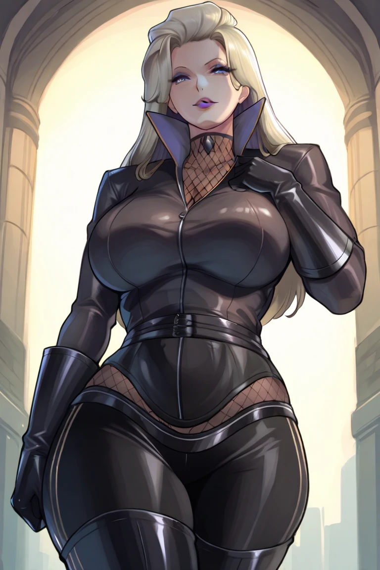 (4k, Prominence in Masterpiece, High Quality, Best Quality: 1.2) full body, 1 child female, solo, 1 girl, lustful smirking smile blush, looking at viewer, sitting on chair with legs crossed, big black thighs stocking, big breasts (cover with blue) ((SFW)), hands on hips, wide hips, blonde long hair, blonde drill hair, blonde twin drills hair, blue wizard hat, Handcuffs on their hands, With a collar around the neck