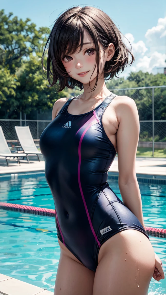 Top image quality、超A high resolution、masutepiece、Photoquality、(photographrealistic:1.8)、pores、White swimwear、(see through high neck holder top ONE PIECE swimming race suit :1.4)、、accuracy、Japan women、17 age、Girl Smile、A dark-haired、Cute dimples、Non-makeup、short-hair、so short hair、Boyish girl、Slender girl、Small breasts like a child、tiny chest、 、A Cup Breast 、Outdoor pool、In class、Sitting by the pool、 Stand up on your knees、Spread your legs apart、Bright sunlight、Reflector reflected light、High leg cut、 、Nipple sheer、White and navy blue、speedo、highleg、Ultra-thin、 Protruding、camel's toe、The Birth of Venus、laugh face、Facing the front、Naughty Angel、