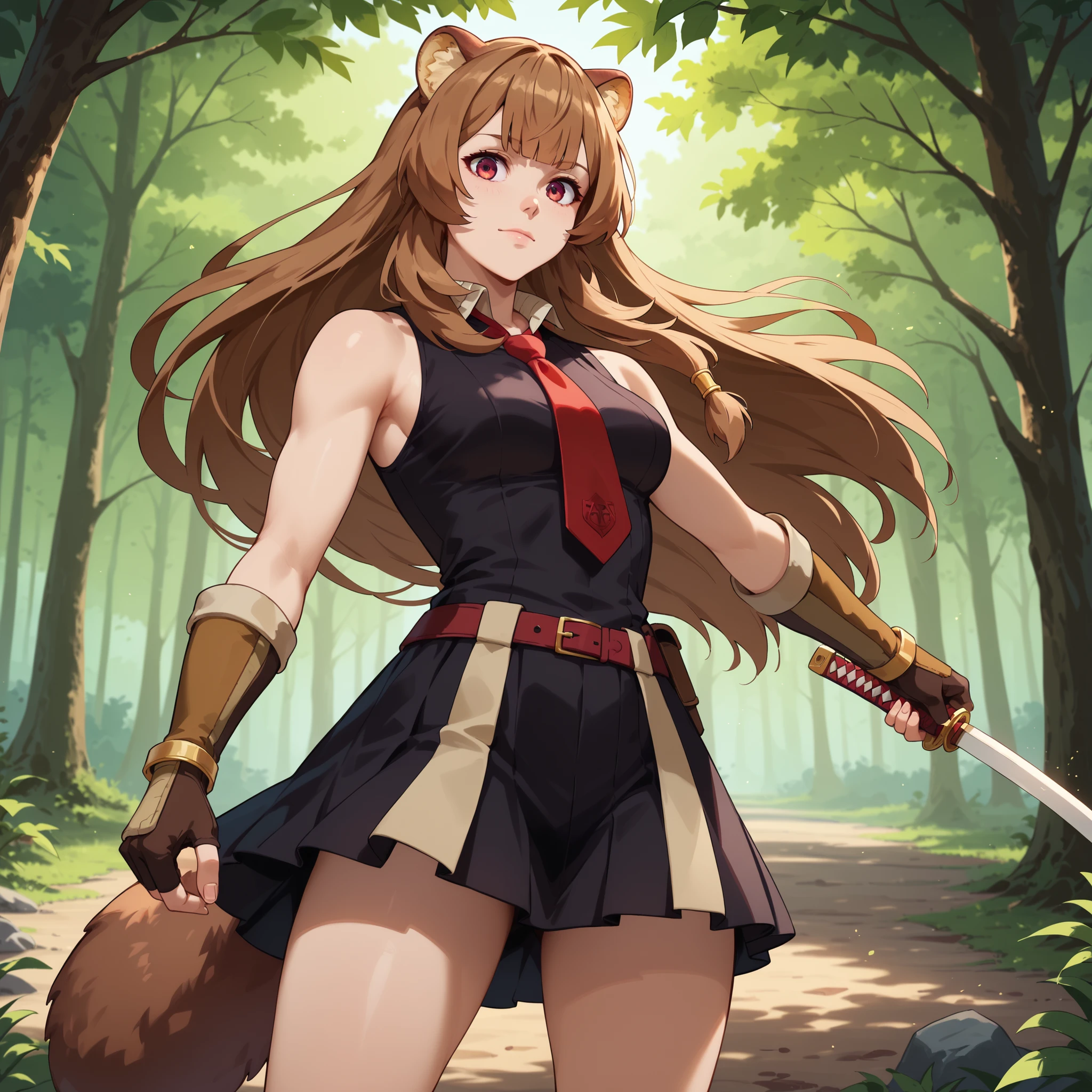 "raphtalia, from The Rising of the Shield Hero, dressed in Akame's iconic outfit from Akame ga Kill.  She wears a sleeveless black dress , with a short skirt and a red tie tied around her neck. Her long brown hair flutters as she runs through a forest illuminated by moonlight. Her hazel eyes reflect determination and fierceness, holding a shiny katana with both hands.  His posture is firm ,  ready for combat , with a light night breeze causing her clothes and hair to move dramatically. Around you, leaves fall softly and shadows glide through the trees, giving her a mystical and dangerous atmosphere."