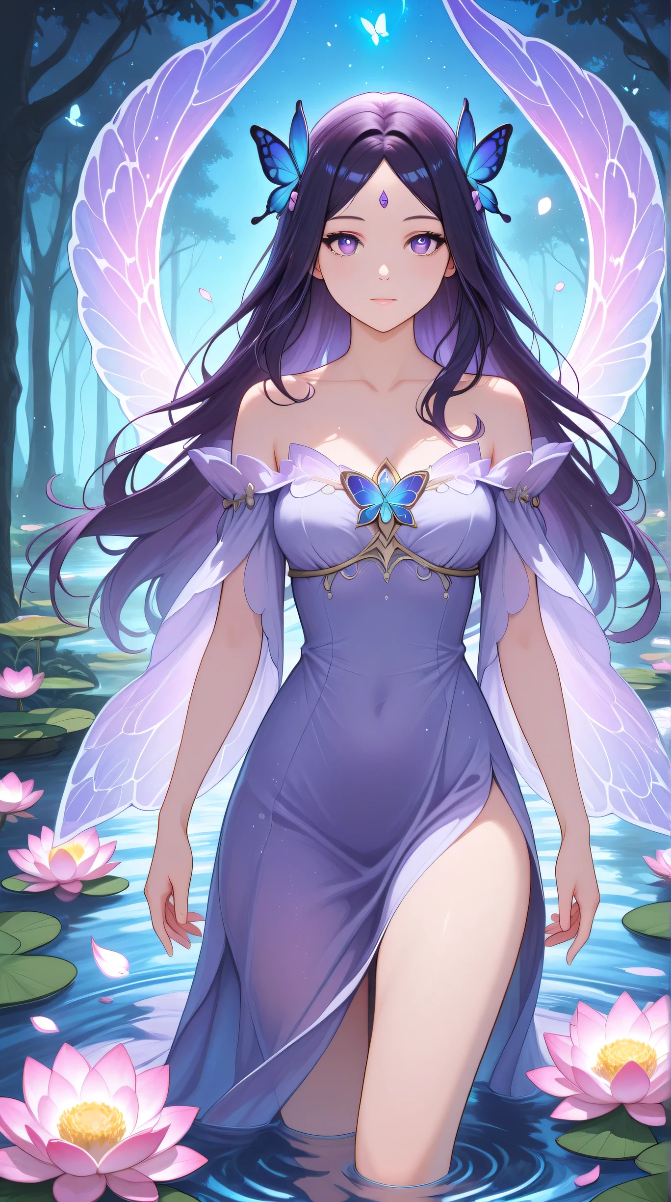 Masterpiece, Best Quality, Top Quality, Very Detailed, 1 girl, A mesmerizing anime-style woman with deep blue-violet eyes and long, dark hair with purple highlights, gently floating in a magical pond filled with blooming lotus flowers. She wears a delicate off-shoulder garment that drapes elegantly as the water shimmers around her. Ethereal blue butterflies flutter nearby, glowing softly in the enchanting moonlight. The water reflects a dreamlike atmosphere with gentle ripples and floating petals, creating a sense of serenity and mystery. Soft lighting enhances the ethereal beauty of the scene, capturing a peaceful yet mystical moment in high-resolution, ultra-detailed art.