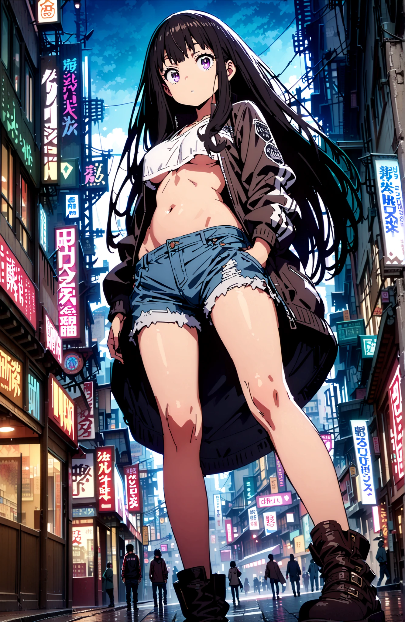 Takiuchikami, check it out, solo,long hair, bungs, black hair with a young pattern, purple eyes,Medium breast,close your mouth,riders jacket jacket,tank top for feet,Underboob,belly button stick,denim micro shorts,Bare legs,boots,I have my hands in my jacket pockets,Nōn,night,standing,angles from below,full bodyがillustrationsに入るように,break outdoors,City,
break looking at viewer,full body,
break (masterpiece:1.2), Best Quality, high resolution, Unity 8k 壁紙, (illustrations:0.8), (beautiful detailed eyes:1.6), very detailed face, so that it fits into the illustration, Extremely Detailed CG, (perfect hand, perfect anatomy),