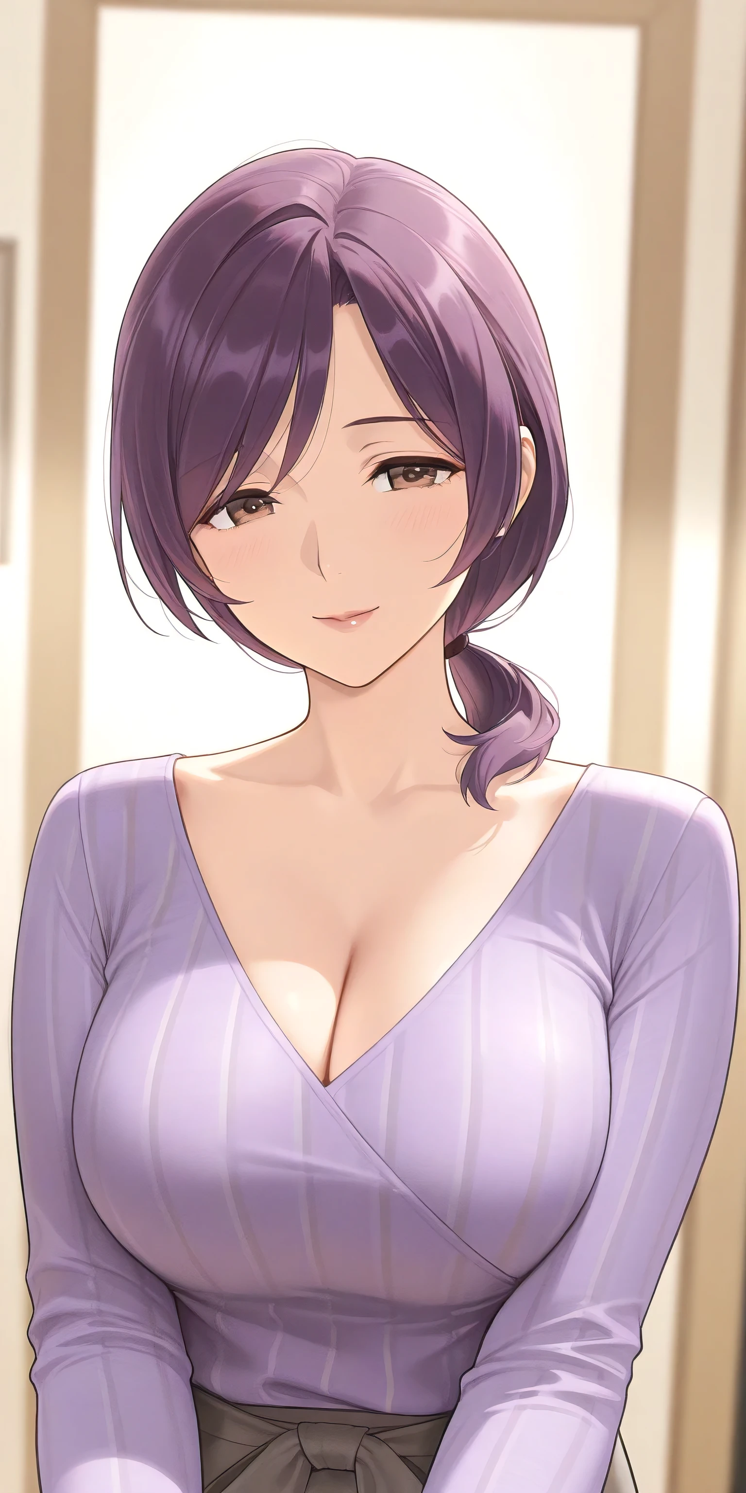 score_9, score_8_up, score_7_up, score_6_up, BREAK NSFW_SenpaiSan_DoukiChan_ownwiafu, mature female, mature, Adult, brown eyes, brown hair, collarbone, medium breasts, short hair, earrings, jewelry, bare shoulders, forehead, hoop earrings, latex purple leotard under the beige coat, 1girl 1boy, POV, slut, naughty face, seductive smile, aroused, in heat, blush, sweat, pat your crotch, nsfw, Villains, overhead view, crowded subway, navigating, urban environment, masterpiece,