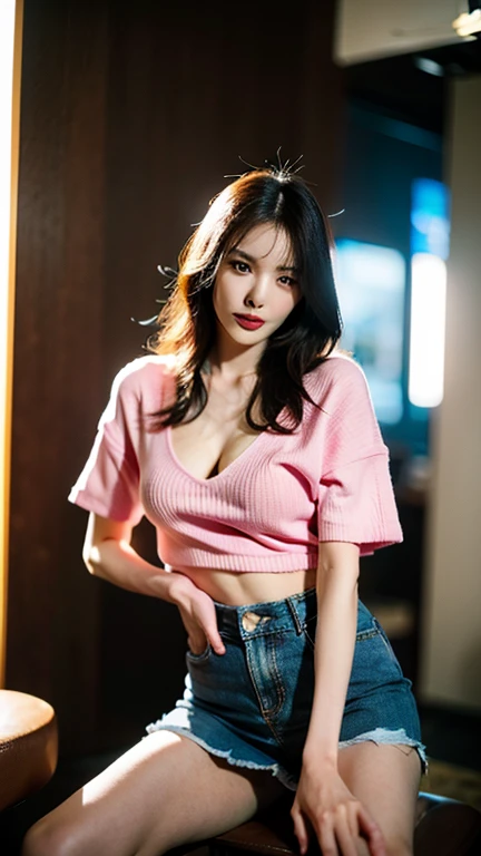 lady, posing seductively to viewer, solo:1, pov, beautiful thick thighs,
red light district background, long hair, 3/4 body, V neck mini hot shorts, indian girl